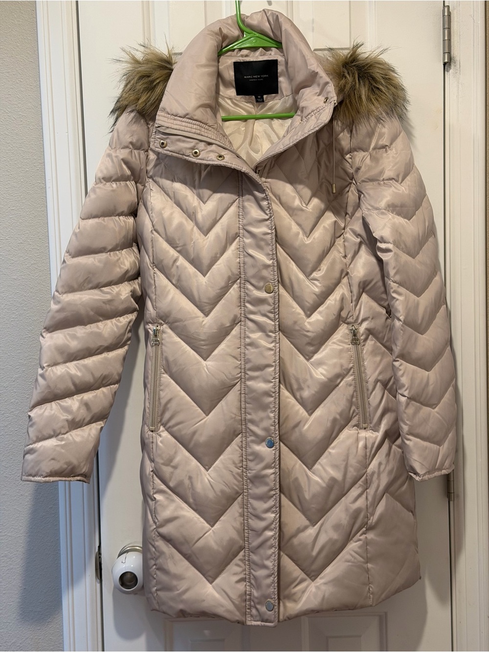 Andrew Marc Blush Chevron Quilted Puffer Coat with Faux Fur Trim